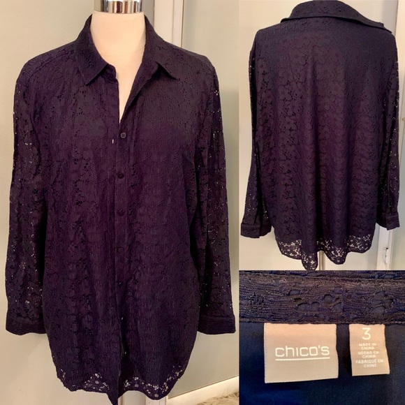Chico's Women's Sz 3 Blouse Long Sleeve Collared Lace Roberta Deep Navy career - Picture 5 of 6